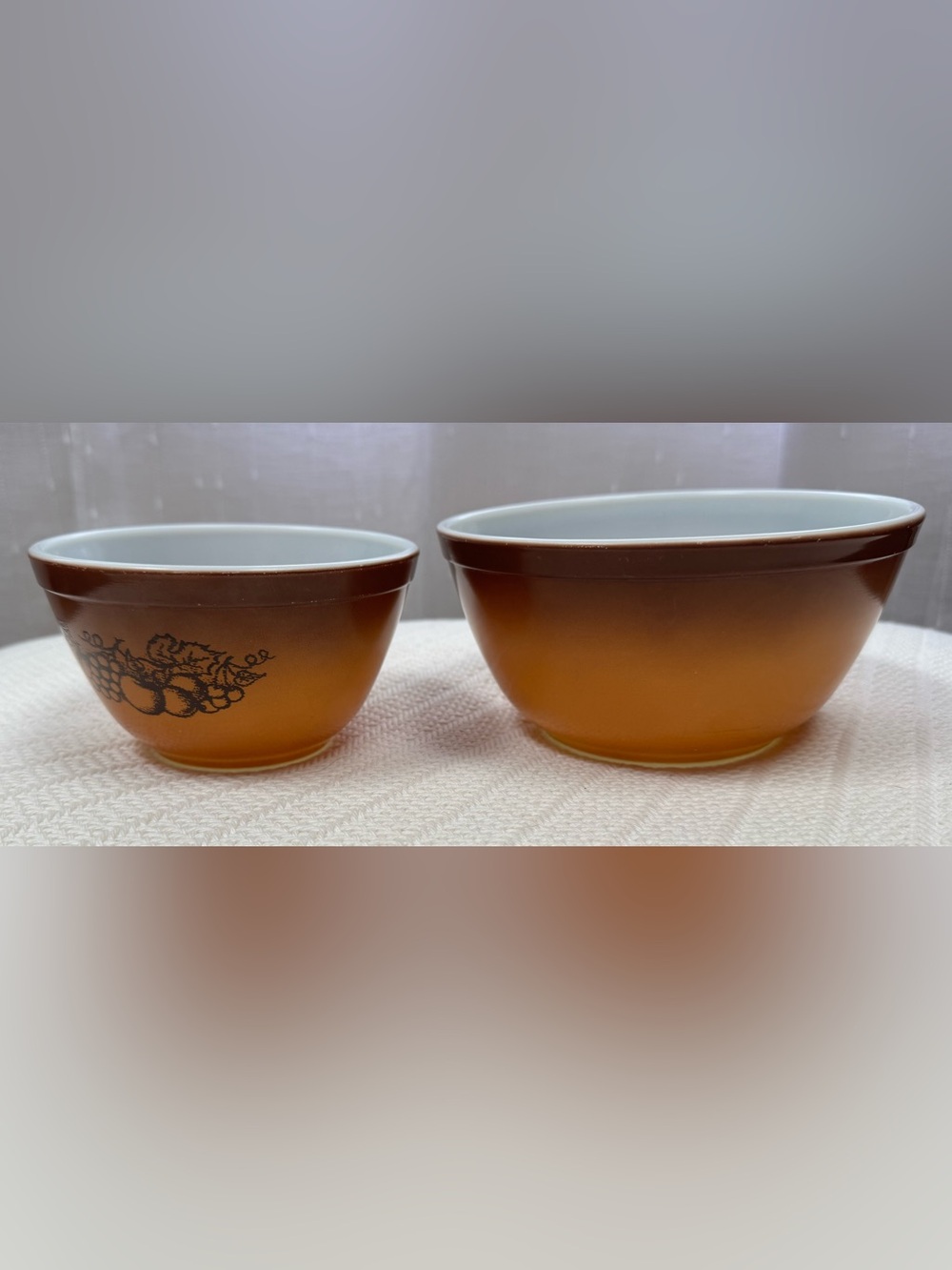 Vintage Pyrex Old Orchard Amber Glass Mixing Bowls with Brown Rim - Set of 2